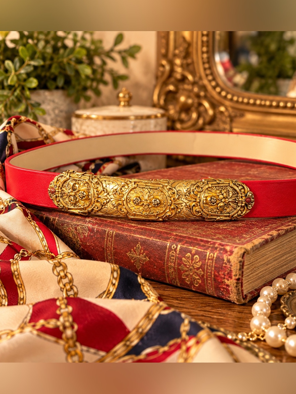 Vintage Accessocraft NYC Red Belt Ornate Gold Filigree Statement Buckle Baroque